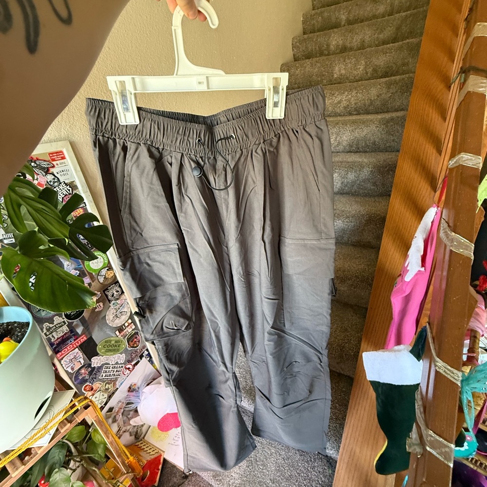 Casual Elastic Waist Gray Utility Pants